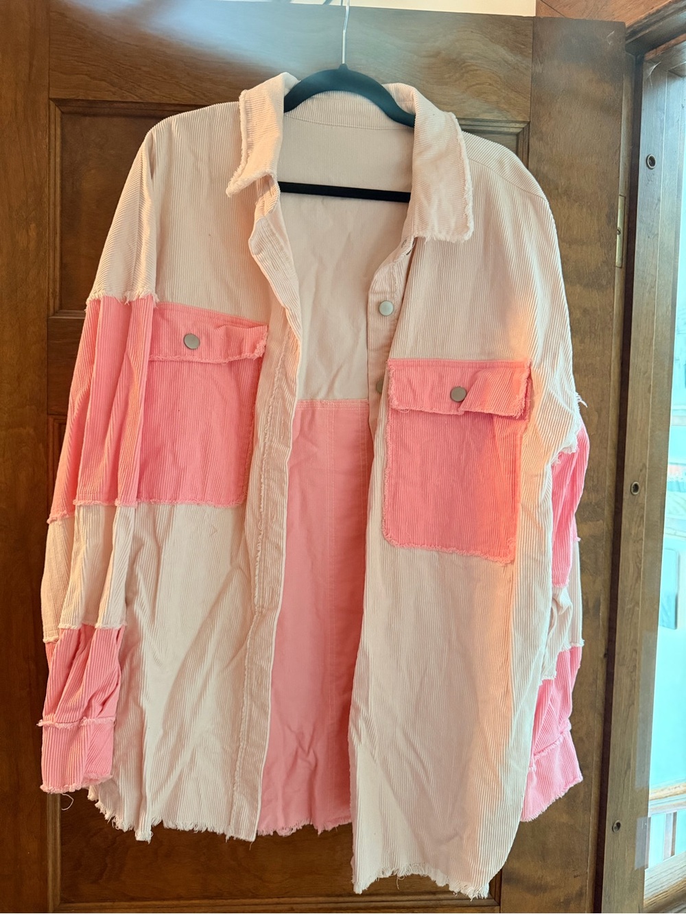 Pink Patchwork Corduroy Jean Jacket - Women's Oversized Shacket